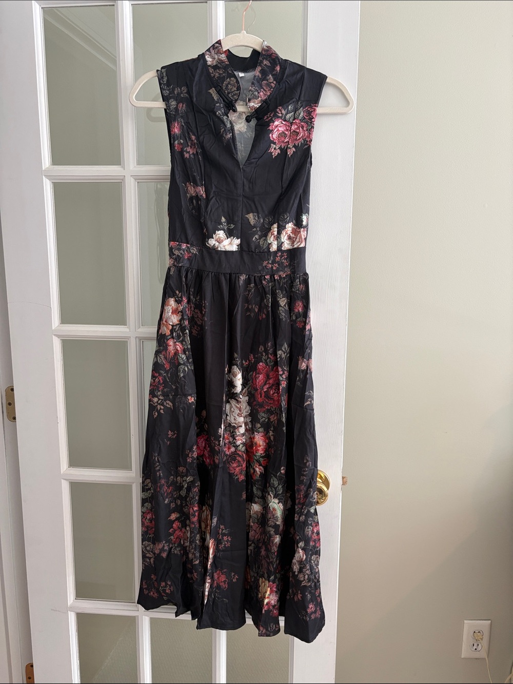 Black Floral Midi Dress with Pink and White Roses